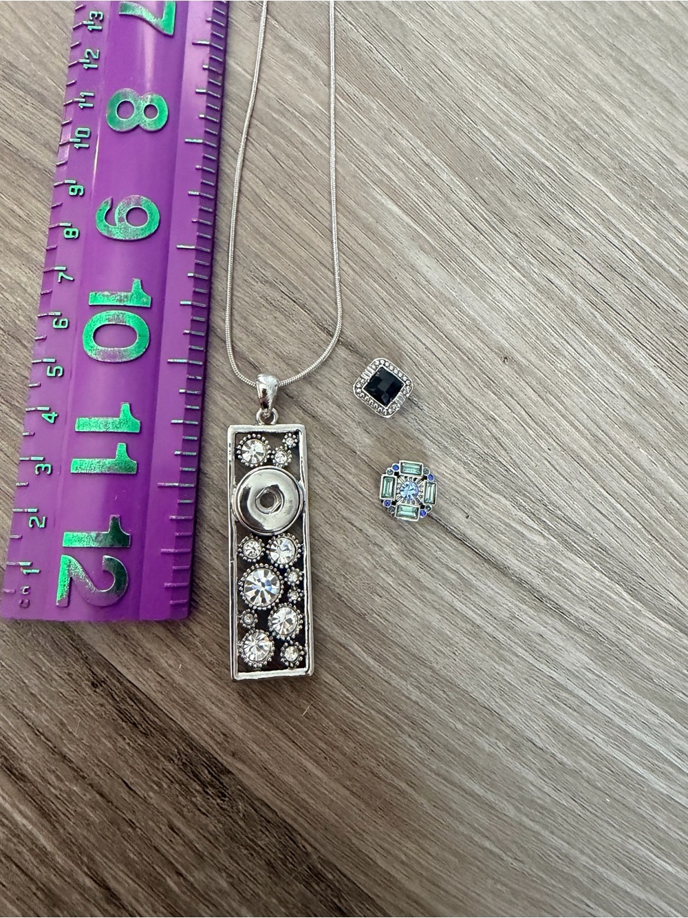Silver Tone Rectangle Crystal Pendant Necklace with Interchangeable Snap Charm